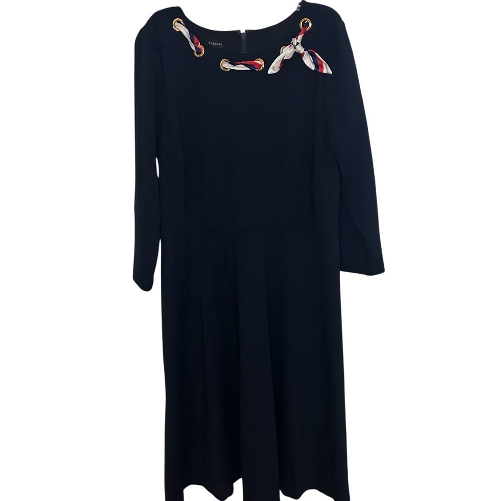 Talbots Navy Ponte Knit Dress Gold Grommet Scarf Neckline Size 12